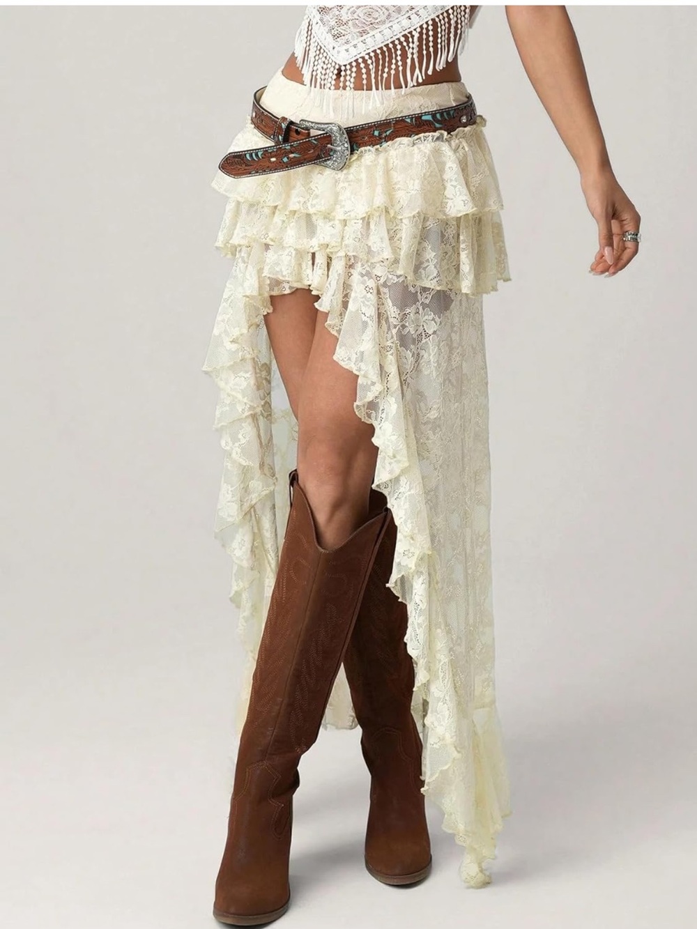 Boho Cream Lace High-Low Ruffle Skirt - Picture 2 of 6